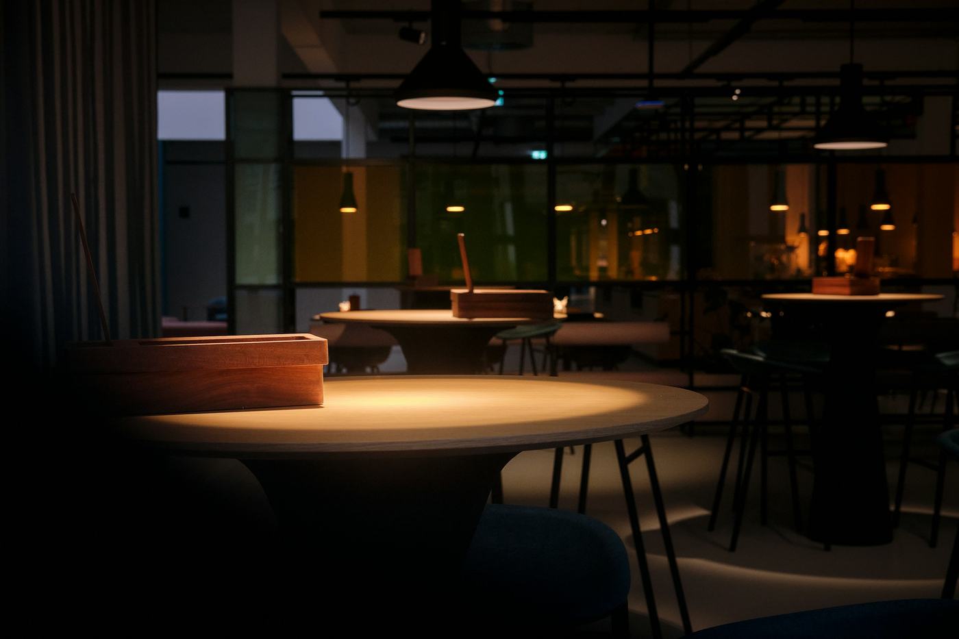 A restaurant dining room after close