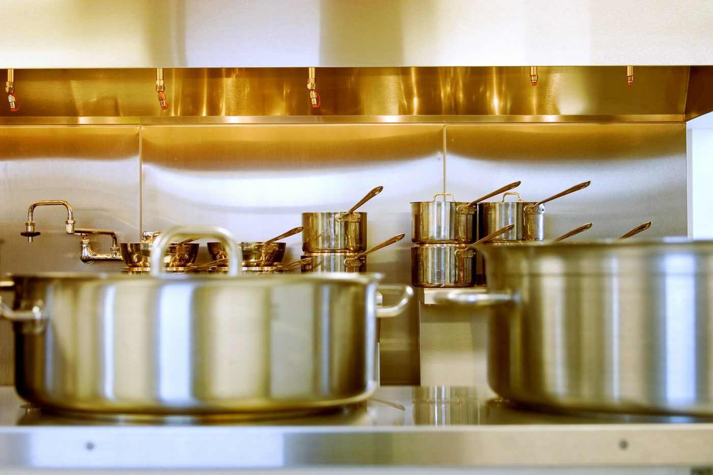 Copper pots on a restaurant line
